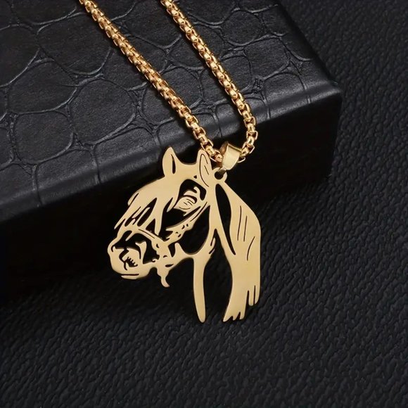 Horse Head Stainless Steel Pendant Necklace Gold Finish - Picture 3 of 5